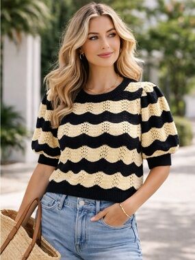 Vox Lux Scallop Knit Sweater Black Cream Puff Short Sleeve Textured Stripe M
